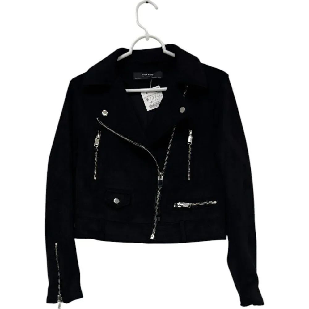 Zara Womens Biker Jacket Size S Black Faux Suede Cropped 6318/022 NWT